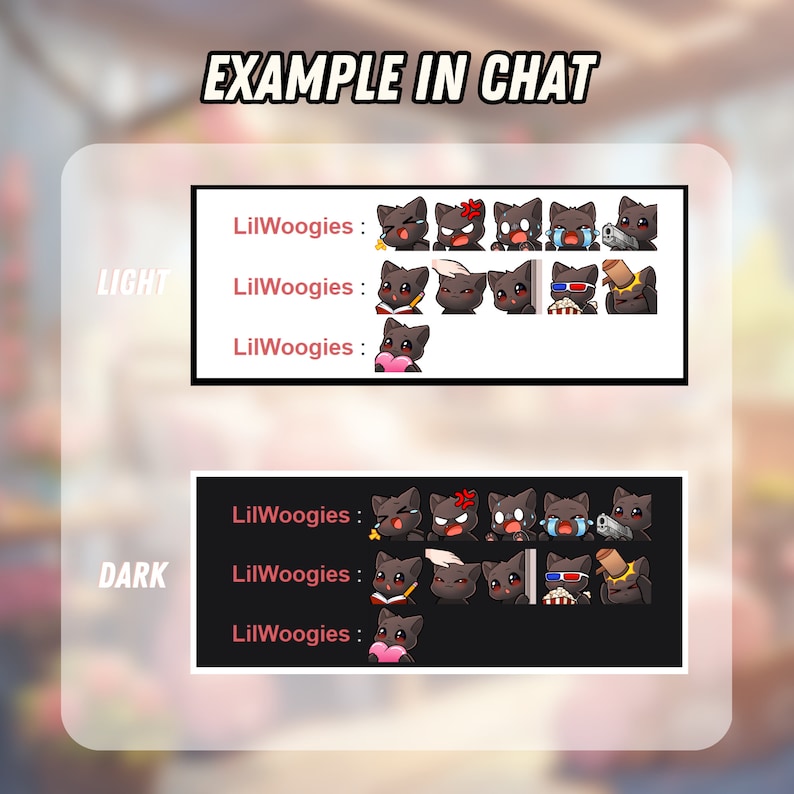 Pu&ograve; includere: Uno screenshot di una finestra di chat che mostra una serie di emoticon di gatto animati. Gli emoticon sono visualizzati in due schemi di colori diversi, chiaro e scuro. Il testo "LilWoogies:" appare accanto a ogni set di emoticon.