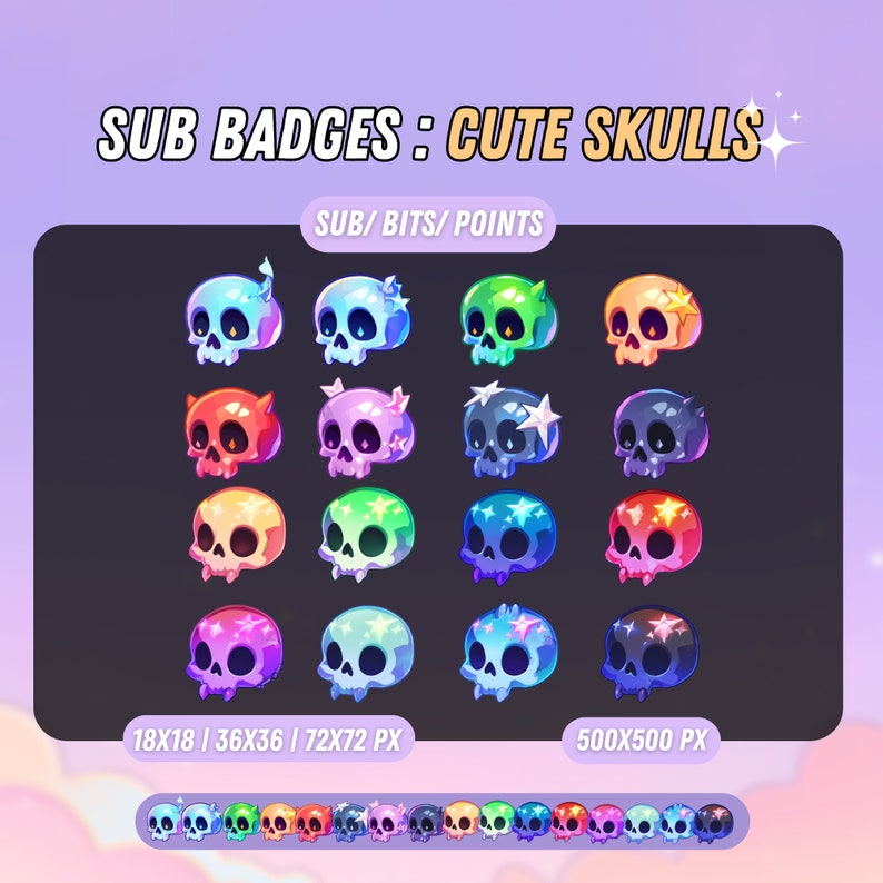 Puede incluir: Un conjunto de 16 iconos de calavera coloridos en varios tama&ntilde;os, incluyendo 18x18, 36x36, 72x72 y 500x500 p&iacute;xeles. Los iconos presentan diferentes colores y dise&ntilde;os, incluyendo estrellas, cuernos y otros detalles. El texto "SUB/BITS/POINTS" se muestra en la parte superior de la imagen.