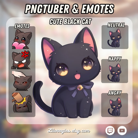 Cute Black Cat PNGTuber With Emotes | Kawaii | Premade PNG Tuber Set | Ready For Twitch | VTuber Avatar Streaming | Vtuber Assets | OBS