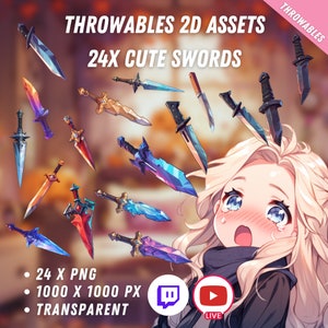 Bundle of Throwable Cute Swords Assets 24x | Transparent | Kawaii | 2D Digital Assets | Digital Download | Stream Decoration