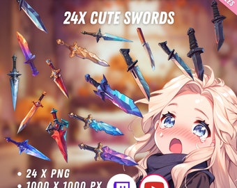 Bundle of Throwable Cute Swords Assets 24x | Transparent | Kawaii | 2D Digital Assets | Digital Download | Stream Decoration