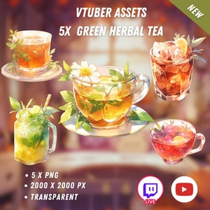 VTuber asset of a clear glass cup with steaming green herbal tea and a white flower garnish.