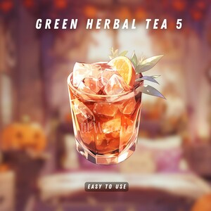 "VTuber graphic of an aromatic green tea cup with herbal leaves, ideal for chill streams.
