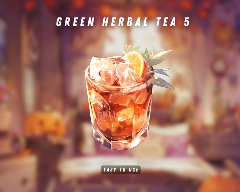 "VTuber graphic of an aromatic green tea cup with herbal leaves, ideal for chill streams.