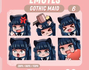 May include: Set of six animated emotes featuring a gothic maid character with black cat ears and blue hair. The emotes depict various expressions, including angry, surprised, sad, and happy.