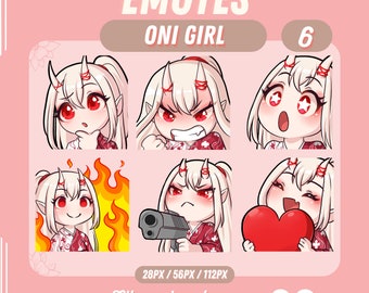 May include: Set of six animated emojis featuring a red-haired girl with horns and a red and white kimono. The girl has different expressions, including thinking, angry, surprised, smiling, holding a gun, and holding a heart. The emojis are labeled "Oni Girl" and "6".