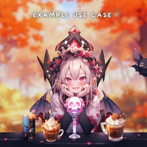 May include: A cartoon character with pink hair and red eyes wearing a black and red crown and a black cape with bat wings sits at a table with two cups of coffee and a skull-shaped drink. The background is a blurry image of autumn leaves.