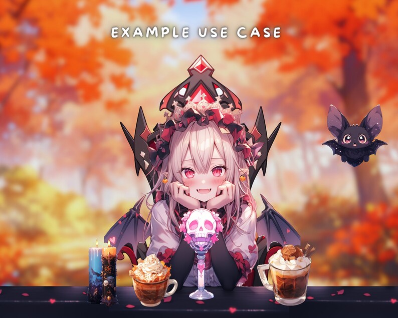 May include: A cartoon character with pink hair and red eyes wearing a black and red crown and a black cape with bat wings sits at a table with two cups of coffee and a skull-shaped drink. The background is a blurry image of autumn leaves.
