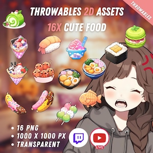 Bundle of Throwable Cute Japanese Food Assets 16x | Transparent | Kawaii | 2D Digital Assets | Digital Download | Stream Decoration
