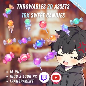 Bundle of Throwable Cute Candies Assets 16x | Transparent | Kawaii | 2D Digital Assets | Digital Download | Stream Decoration