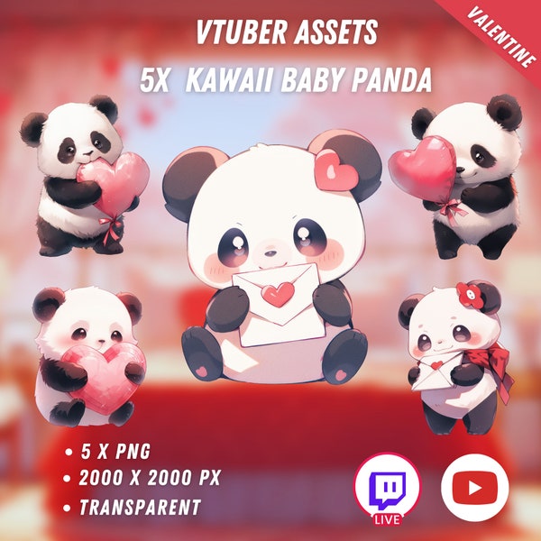 5x Kawaii Panda Bear | Valentine | Vtuber Assets | Baby Panda | Anime | PNGtuber Assets | Digital Download | Stream Overlay Decoration