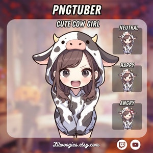 Puede incluir: Ilustración de una linda chica vaca con una sudadera con capucha con temática de vaca. La imagen incluye el texto "PNGTUBER" y "CUTE COW GIRL". Imágenes adicionales muestran a la chica vaca con expresiones neutrales, felices y enojadas.