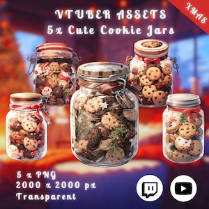 Peut inclure: Cinq bocaux en verre remplis de biscuits de Noël. Les bocaux ont des couvercles rouges et blancs avec un nœud sur le dessus. Les bocaux sont sur un fond rouge et orange avec le texte "VTUBER ASSETS 5x Cute Cookie Jars XMAS" au-dessus.