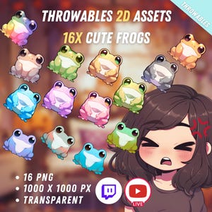 May include: 16 digital illustrations of cute frogs in various colors, each with large eyes and a wide smile. The frogs are 1000 x 1000 pixels and are transparent PNG files. The text "THROWABLES 2D ASSETS" and "16X CUTE FROGS" is at the top of the image. The text "16 PNG", "1000 X 1000 PX", and "TRANSPARENT" is at the bottom of the image.