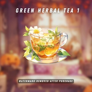 VTuber transparent PNG of green tea in a clear cup, accented with fresh leaves and lemon.