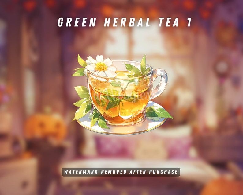 VTuber transparent PNG of green tea in a clear cup, accented with fresh leaves and lemon.