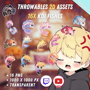 May include: Digital art assets featuring 16 koi fish illustrations in various colors and designs. The image includes text that says "THROWABLES 2D ASSETS" and "16X KOI FISHES". The assets are 16 PNG files, 1000 x 1000 pixels, and transparent.