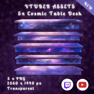 May include: Five cosmic-themed table desk overlays for virtual streamers. Each overlay features a galaxy design with purple, blue, and pink hues. The overlays are 2560 x 1440 pixels and are transparent PNG files.