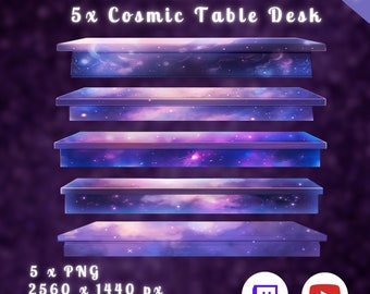May include: Five cosmic-themed table desk overlays for virtual streamers. Each overlay features a galaxy design with purple, blue, and pink hues. The overlays are 2560 x 1440 pixels and are transparent PNG files.