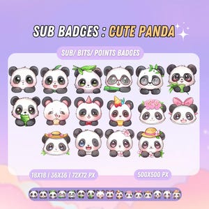 May include: A set of 20 cute panda sub badges for Twitch or YouTube. The badges feature different expressions and accessories, including hats, flowers, and glasses. The badges are available in three sizes: 18x18 pixels, 36x36 pixels, and 72x72 pixels. There is also a larger 500x500 pixel version of the badges.