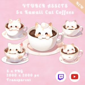 May include: Five digital illustrations of kawaii cats in coffee cups. Each cat is white with brown markings and is sitting in a white teacup with a saucer. The background is pink. The text "VTUBER ASSETS 5x Kawaii Cat Coffees NEW" is at the top of the image. The text "5 x PNG 2000 x 2000 px Transparent" is at the bottom of the image. The Twitch and YouTube logos are also at the bottom of the image.
