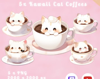 5x Kawaii Cat Coffee | PNGTuber | Transparent | Cute | Vtuber Assets | Cute Coffee Prop | Overlay | Digital Download | Stream Decoration