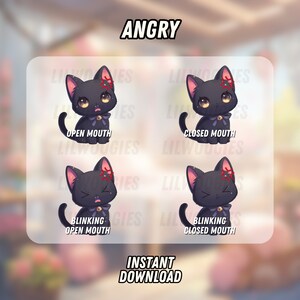 Pu&ograve; includere: Quattro illustrazioni digitali di un gatto nero con occhi rossi arrabbiati. Il gatto &egrave; mostrato con la bocca aperta e chiusa, e con e senza ammiccamento. Il testo "ANGRY" &egrave; in cima all'immagine. Il testo "OPEN MOUTH", "CLOSED MOUTH", "BLINKING OPEN MOUTH" e "BLINKING CLOSED MOUTH" sono sotto ogni immagine. Il testo "INSTANT DOWNLOAD" &egrave; in fondo all'immagine.