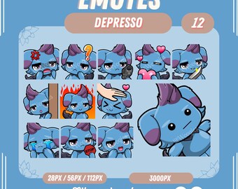 Puede incluir: Un conjunto de 12 emoticonos de dibujos animados azules y morados que representan a un personaje con diferentes expresiones. Los emoticonos están etiquetados como "Depresso" y están disponibles en tamaños de 28px, 56px, 112px y 3000px. Los emoticonos están a la venta en Lilwoogies.etsy.com.