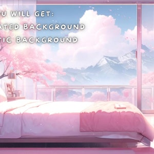 Puede incluir: Un dormitorio rosa con una gran ventana que da a una cordillera con &aacute;rboles de cerezo en flor. El texto "YOU WILL GET: 4X ANIMATED BACKGROUND 4X STATIC BACKGROUND" se muestra en la parte superior de la imagen.