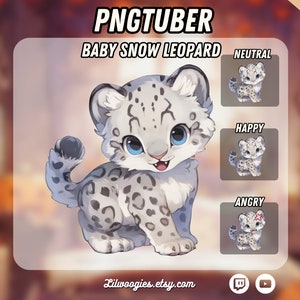 May include: A digital illustration of a cute baby snow leopard with blue eyes. The image shows the leopard in three different expressions: neutral, happy, and angry. The text "PNGTUBER" and "BABY SNOW LEOPARD" are at the top of the image. The text "NEUTRAL", "HAPPY", and "ANGRY" are below each expression. The text "Lilwoogies.etsy.com" is at the bottom of the image.