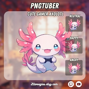 May include: A pink and white axolotl with blue eyes holding a black video game controller. The axolotl is smiling and has a happy expression. The image is labeled "PNGTUBER CUTE GAMER AXOLOTL" and includes three variations of the axolotl with different expressions: neutral, happy, and angry.
