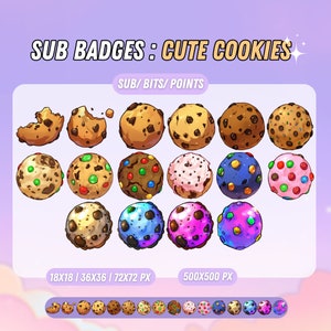 May include: A set of 20 colorful cookie Twitch sub badges in various sizes, including 18x18, 36x36, 72x72, and 500x500 pixels. The badges feature different cookie designs, including chocolate chip, sprinkle, and frosting cookies.