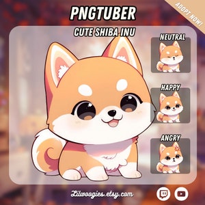 May include: A digital illustration of a cute Shiba Inu dog with three different expressions: neutral, happy, and angry. The image includes the text "PNGTUBER" and "CUTE SHIBA INU". The Etsy shop name is also included.