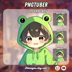 Puede incluir: Una ilustración de dibujos animados de un lindo niño rana que lleva una sudadera verde con cabeza de rana. La imagen incluye tres variaciones del niño rana con diferentes expresiones: neutral, feliz y enojado. El texto "PNGTUBER CUTE FROG BOY" está en la parte superior de la imagen.