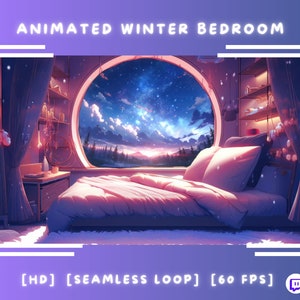 Puede incluir: Una ilustración animada de un dormitorio acogedor con una gran ventana circular que da a un paisaje invernal nevado. El cielo está lleno de estrellas y nubes, y la habitación está decorada con una iluminación suave y una cama mullida. El texto "[HD] [SEAMLESS LOOP] [60 FPS]" se muestra en la parte inferior de la imagen.