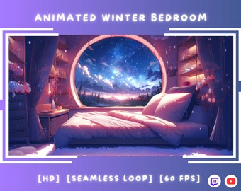 Fondo animado de la habitación de la cama de invierno / Superposición de Vtuber / Twitch Stream / Virtual / Dormitorio / / Descarga digital / Stream Xmas Wallpaper