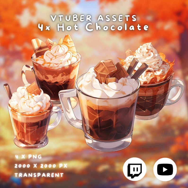 May include: Four illustrations of hot chocolate drinks with whipped cream and chocolate toppings. The drinks are in clear mugs with a brown background. The text "VTUBER ASSETS 4x Hot Chocolate" is at the top of the image.