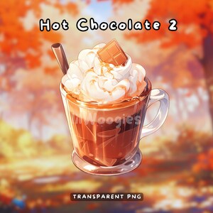 May include: A mug of hot chocolate topped with whipped cream and a chocolate square. The mug is on a blurred background of fall foliage.