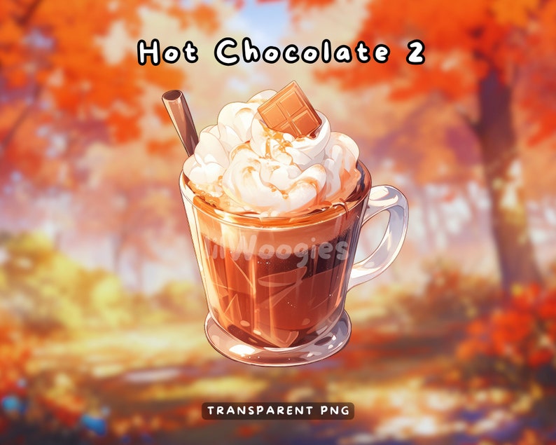 May include: A mug of hot chocolate topped with whipped cream and a chocolate square. The mug is on a blurred background of fall foliage.