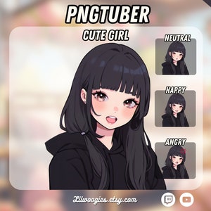 かわいい女の子 PNGTuber | 黒髪 | かわいい | Twitch 対応 | Streamlabs | VTuber アバター ストリーミング | Vtuber アセット | OBS | 既製 | Discord