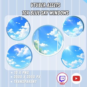 May include: Ten digital illustrations of blue sky windows with white clouds. The windows are round and have a white frame. The images are transparent PNG files, 2000 pixels by 2000 pixels.