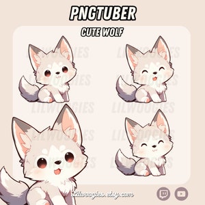 May include: Four variations of a cute cartoon wolf with gray fur, brown eyes, and a pink nose. The wolf is in a sitting position with its tail curled behind it. The wolf is smiling and has a happy expression. The image is on a light pink background with the text "PNGTUBER CUTE WOLF" at the top.