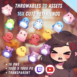 Bundle of Throwable Cute Pet Friends Assets 16x | Transparent | Kawaii | 2D Digital Assets | Digital Download | Stream Decoration