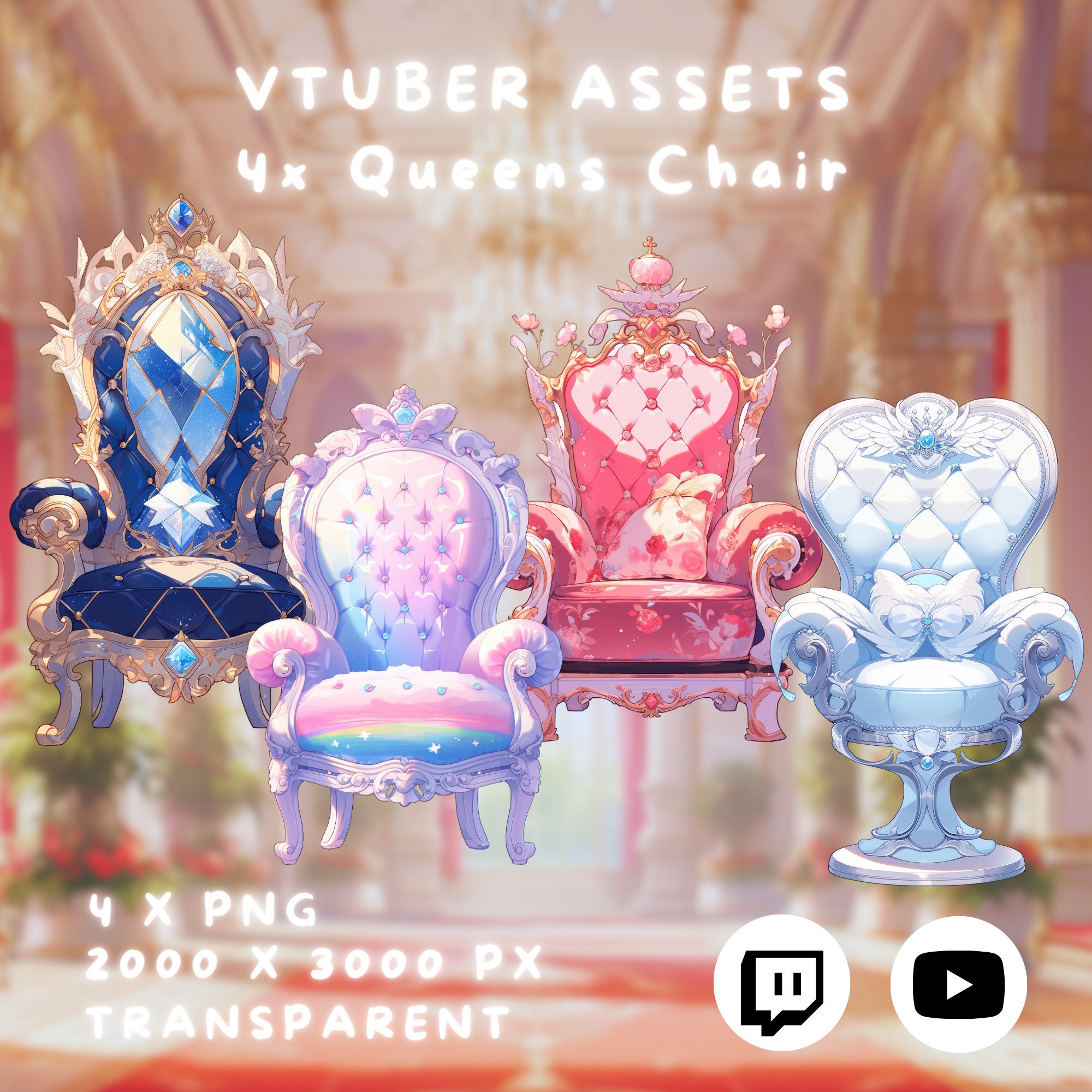 4x Vtuber Luxury Throne Chairs | PNGTuber | Transparent | Cute | Assets | Queen Vtuber | Overlay | Digital Download | Stream Decoration