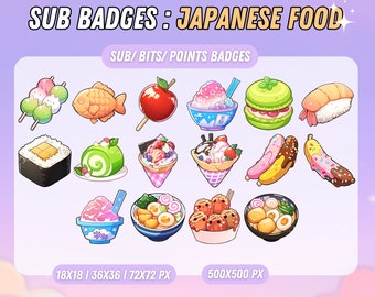 May include: A set of 18 Japanese food themed Twitch sub badges. The badges feature various Japanese foods such as sushi, ramen, mochi, and more. The badges are available in three sizes: 18x18 pixels, 36x36 pixels, and 72x72 pixels. The badges are also available in a larger 500x500 pixel size.