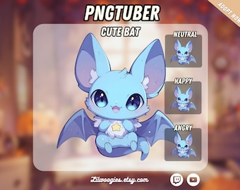May include: A blue cartoon bat with a star on its chest. The bat has a happy expression and is shown in four different expressions: neutral, happy, angry, and sad. The text "PNGTUBER CUTE BAT" is at the top of the image. The text "ADOPT NOW!" is in the top right corner of the image. The text "Lilwoogies.etsy.com" is at the bottom of the image.