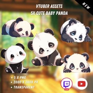 May include: Five cartoon images of cute baby pandas in various poses. The pandas are black and white with large eyes and are set against a blurred background of a wooden surface. The text "VTUBER ASSETS 5X CUTE BABY PANDA" is at the top of the image.