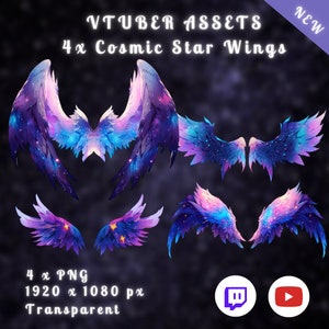 May include: Four digital illustrations of cosmic star wings in shades of purple, blue, and pink. The wings are transparent and have a galaxy-like design with stars and nebulae. The text "VTUBER ASSETS 4x Cosmic Star Wings" is at the top of the image. The text "4 x PNG 1920 x 1080 px Transparent" is at the bottom of the image.