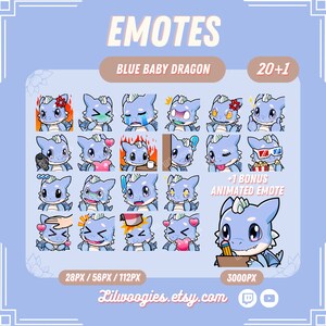 May include: A set of 20 blue baby dragon emotes in various poses and expressions, plus one animated emote. The emotes are in different sizes: 28px, 56px, 112px, and 3000px. The emotes are perfect for Twitch, Discord, or other online platforms.
