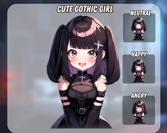 Puede incluir: Ilustración digital PNGTuber de una linda chica gótica con cabello negro, reflejos morados y un atuendo negro y blanco. La imagen incluye tres variaciones de la chica con diferentes expresiones: neutral, feliz y enojada.
